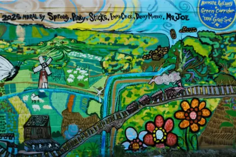 Nick Ballard A painted mural depicting the East Yorkshire landscape with fields and streams. A railway line runs through the centre of the image with a steam train running along it.
