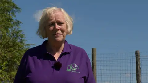 Lynne Hall, trustee of K9Focus dog and cat rescue charity in North Devon, standing outside, wearing a purple branded top.