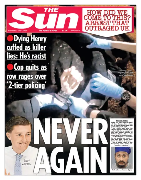 The headline on the front page of the Sun reads: “Never again”.
