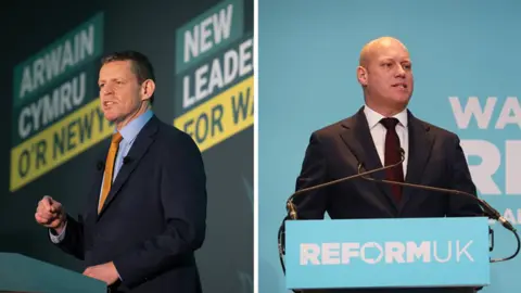 On the left is Plaid Cymru leader Rhun ap Iorwerth. He's wearing a suit with an orange tie. There is a Plaid slogan in the background. On the right is Welsh Reform leader Dan Thomas. He's wearing a suit with a dark red tie and there are microphones facing in his direction. ReformUK is written on the mic stand.
