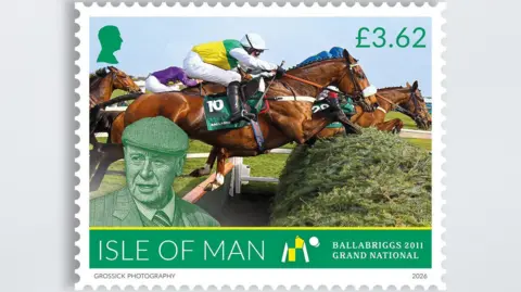 IOMPO A stamp featuring Ballabriggs jumping a fence at the Grand National, with the jockey leaning forward. There is the number 10 on the horse's saddle.