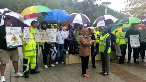 Unison Caerphilly refuse workers men protest