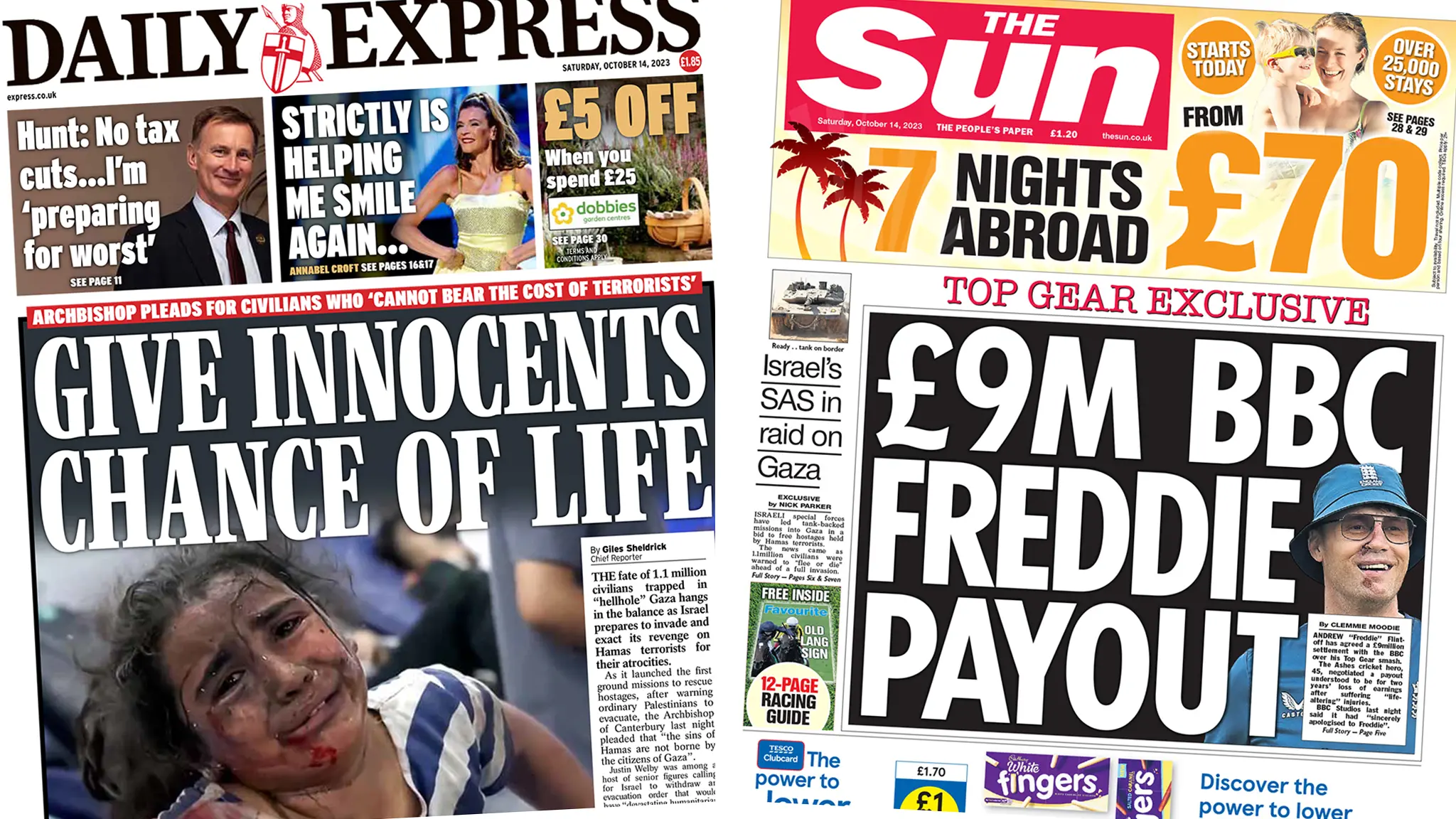 The headline in the Express reads, "Give innocents chance of life", while the headline in the Sun reads, "Top Gear exclusive: £9m BBC Freddie payout".