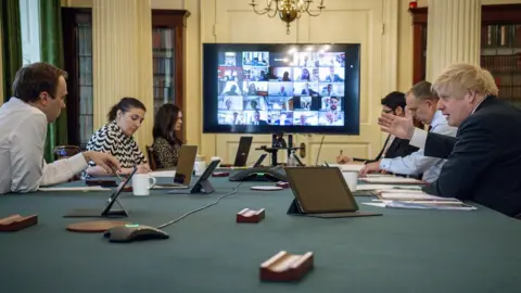 Downing Street Prime Minister Boris Johnson holds the Digital Cabinet Meeting in 10 Downing Street