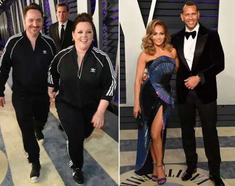 Getty Images L to R: Ben Falcone, Melissa McCarthy, Jennifer Lopez and Alex Rodriguez