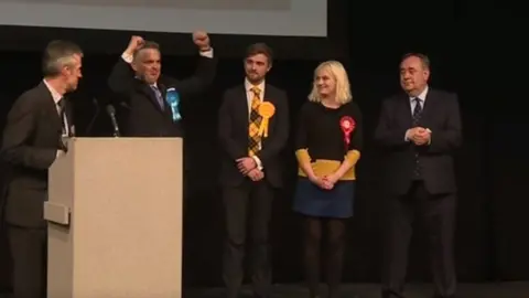 Colin Clark celebrates beating Alex Salmond