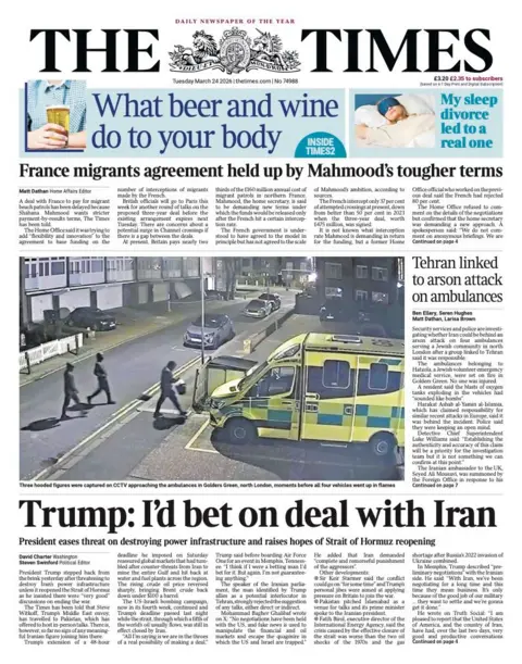 The headline on the front page of the Times reads: "Trump: I'd bet on deal with Iran."