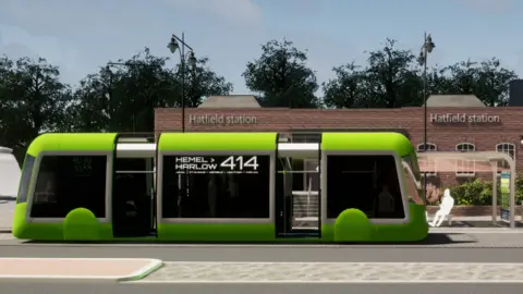 A mock image of a green coloured tram with the words Hemel to Harlow written on its side outside Hatfield station 