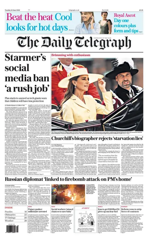 The headline on the front page of the Daily Telegraph reads: “Starmer's social media ban 'a rush job'”.
