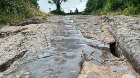 The rock slide, photographed from below. Smooth areas of stone are visible, where people have worn away the surface of the rock.