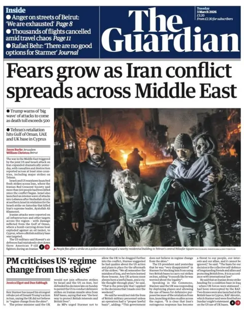 The headline on the front page of the Guardian reads: “Fears grow as Iran conflict spreads across Middle East".