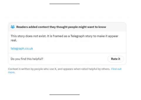 X A community note from X, which reads: "This story does not exist. It is framed as a Telegraph story to make it appear real".