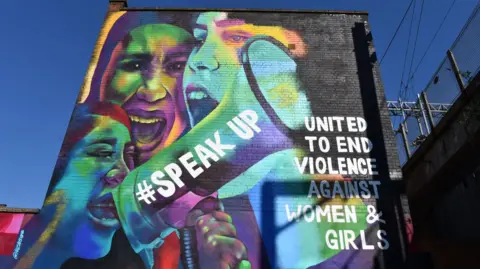 Leeds City Council A mural of women with a megaphone which says 'speak up' and text which says 'united to end violence against women and girls'