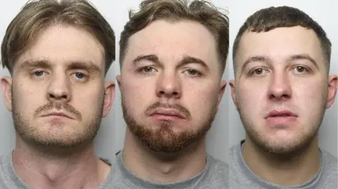 North Yorkshire Police Adrian Askin, man with a centre parting and short moustache and beard, Cyle Jenkins, who has shorter hair and short moustache, and Ryan Wilkinson who has short hair and a short stubbly beard, stare at the camera in police mugshots.