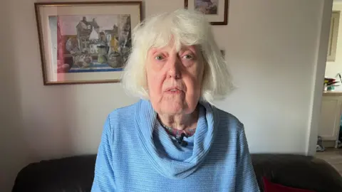 A woman in her eighties with grey hair and a blue jumper is looking straight ahead.  She is standing in front of a brown sofa and there is a picture of some houses on the wall behind her.