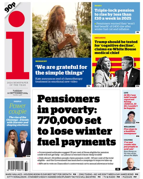 The i front page with the headline "Pensioners in poverty: 770,000 set to lose winter fuel payments"