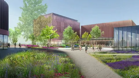 Frasers Group A CGI image showing a number of block shaped brown buildings with behind them, trees and paved footpaths. In front of them are flowerbeds with purple and green fauna in them. CGI people can be seen on the paths.