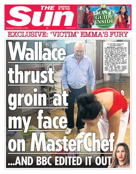 The Sun front page with headline: "Wallace thrust groin at my face on MasterChef... and BBC edited it out". The picture shows Gregg Wallace standing about a metre behind a woman who is bending over to get something out of an oven on the set of MasterChef. 