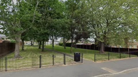 Fencing in front of a a number of trees at the entrance to a park