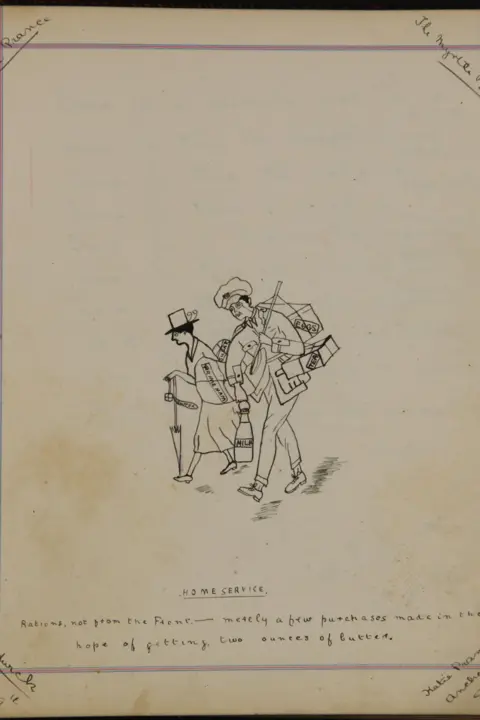 Pembrokeshire Archive Sketch of a man and a woman carrying parcels labelled eggs, tea, milk, sugar, prime ham, and butter. Underneath, the caption reads: ‘Rations, not from the front – merely a few purchases made in the hope of getting two ounces of butter.’ The package of butter is noticeably smaller than all the other goods