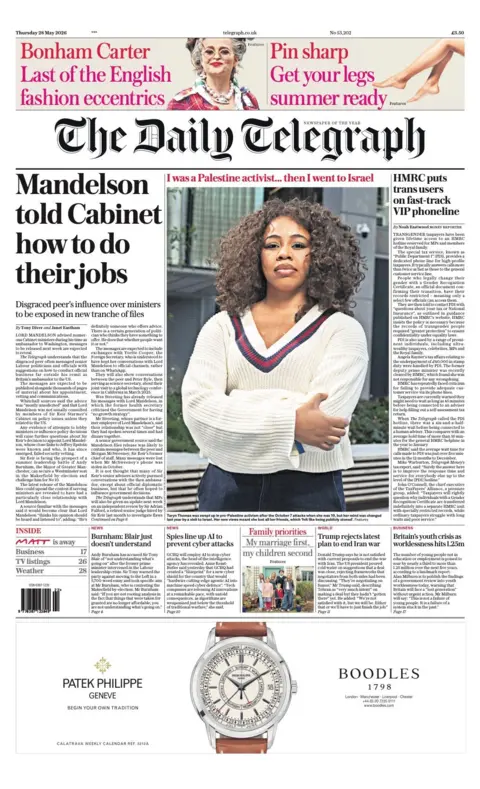 "Mandelson told Cabinet how to do their jobs" reads the headline on the front page of the Daily Telegraph.