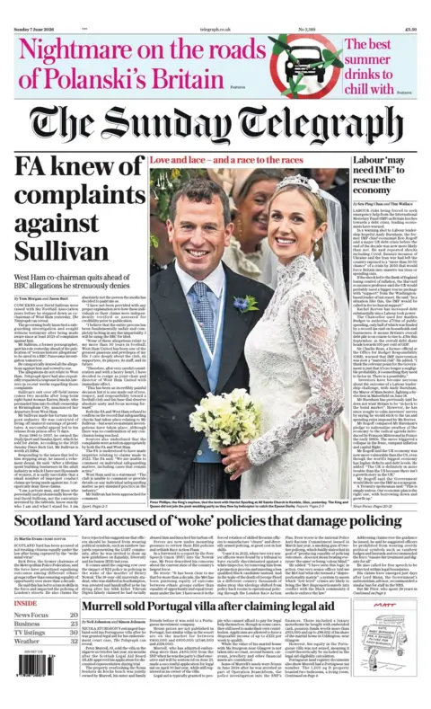 The Sunday Telegraph headline reads 'FA knew of complaints against Sullivan'