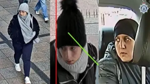 A composite image of three screenshots from CCTV of three women. Two of them are walking on the street and one is in the car.