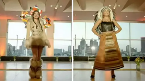 A split image of two women wearing costumes posing on a runway