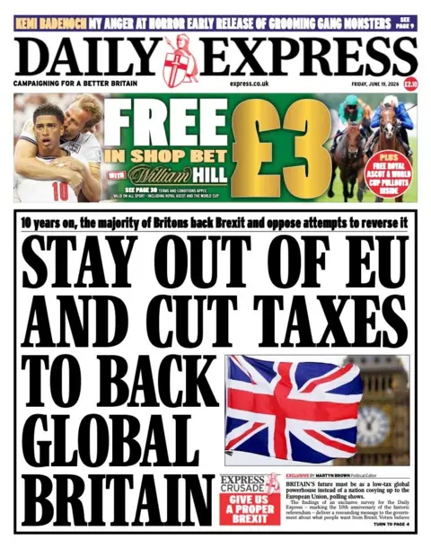 The headline on the front page of the Daily Express reads: “Stay out of EU and cut taxes to back global Britain”.