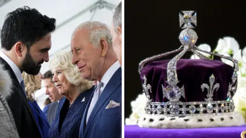 Zohran Mamdani and King Charles (left); and the Koh-i-Noor diamond in the Queen Mother's crown on the right