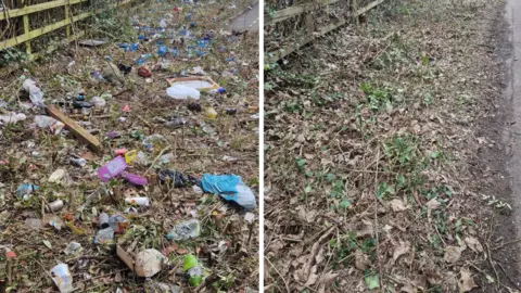 Harry Machin Two images of the same patch of land. The image on the right is full of rubbish, leaves, grass and foliage, there is also a wooden fence to the right. The image on the left shows the area cleared of rubbish with just leaves and foliage. 