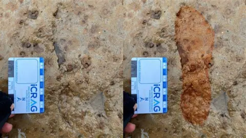Twin images depicting a human footprint embedded in the clay, and the same image with the footprint highlighted, alongside an archaeologist's measuring tool.