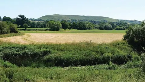 CRT A field, surrounded by green shrubbery, and trees. Green hills are in the background.