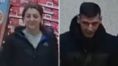 West Yorkshire Police A composite image showing a woman with dark hair and a dark jacket on the left half, and a man with short dark hair and a black jacket in the right half.