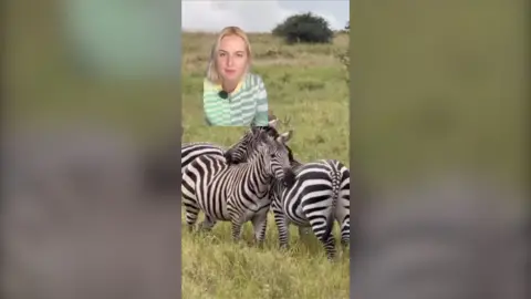 A woman with blonde hair in a green and white top, superimposed over a picture of zebras on the savannah