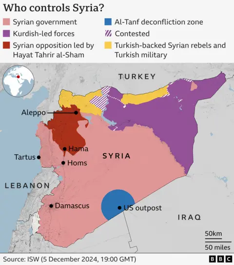 Map of Syria showing controls of various regions