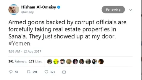 Twittter/@omeisy Armed goons backed by corrupt officials are forcefully taking real estate properties in Sana'a. They just showed up at my door. #Yemen