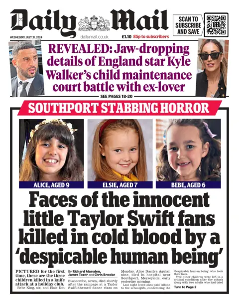 The headline on the front page of the Daily Mail reads: "Faces of the little Taylor Swift fans killed in cold blood by a 'despicable human being'"