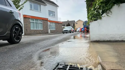 BBC An image showing water pouring down a drain with a street in the background