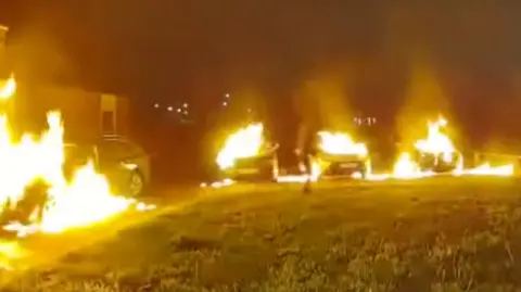 Submitted Flames and smoke billowing from four vehicles in Grimsby. An area of grassland is visible in the foreground.
