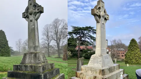 Steve Davies Two pictures of the memorial side by side. It is a plinth with a tall, ornate cross on the top and sits in a grassy cemetery. The one on the left is blackened with dirt and green moss. The one on the right shows it much cleaner.