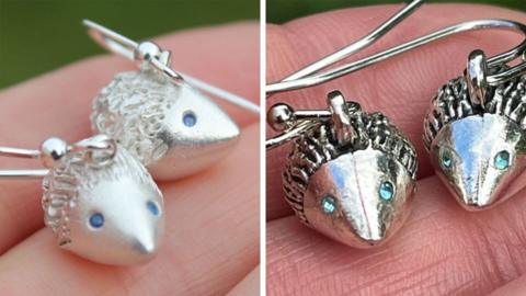 Two images of hedgehog earrings, Emma Farley's original handmade designs, left, and the cheap copycat items, right