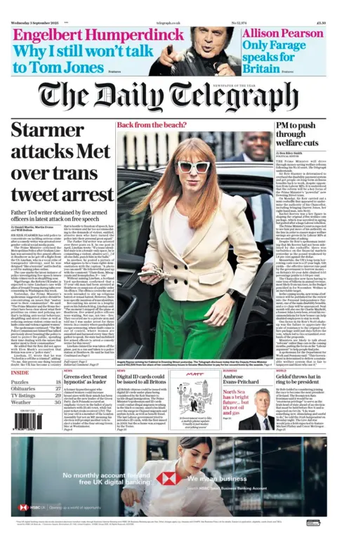 The headline on the front page of the Daily Telegraph reads: "Starmer attacks Met over trans tweet arrest".