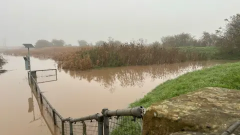 Brown-coloured floodwater along the banks of the Humber. There is a grey sky and trees pictured in the distance