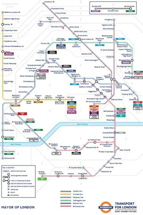 TfL A new map of the London Overground system, showing red, maroon, yellow, green, grey and blue lines