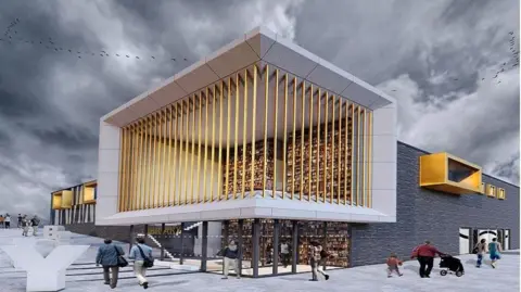 An artist's impression of the new Rotherham library. It shows the corner of the building with gold coloured rails on the first floor and glass panels on the ground floor. People are walking past and there are giant letters on paving stones outside