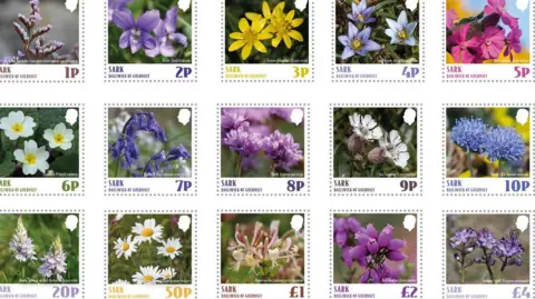 Guernsey Post A picture of the stamps featuring the array of flowers. There are 15 stamps pictured. All of different colours. 