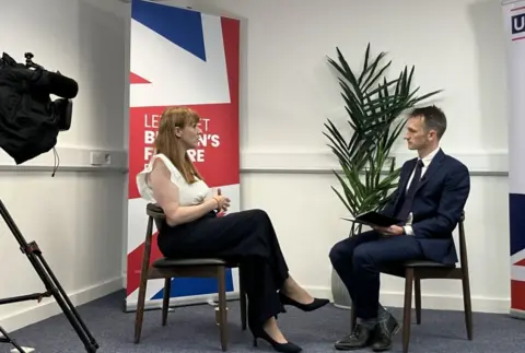 BBC political correspondent Harry Farley (right) interviews Labour deputy leader Angela Rayner  