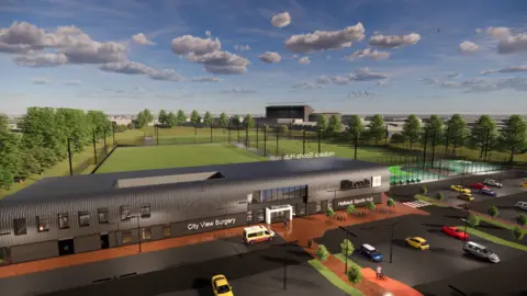 Leeds City Council Artist impression of the aerial view of the new sports hub which is shown as a large brown building with a large grassed area to the rear and a car park to the front. 