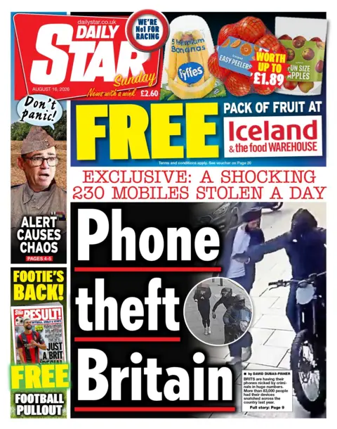 "Exclusive: A shocking 230 mobiles stolen a day, Phone theft Britain," reads the headline on the front page of the Daily Star.